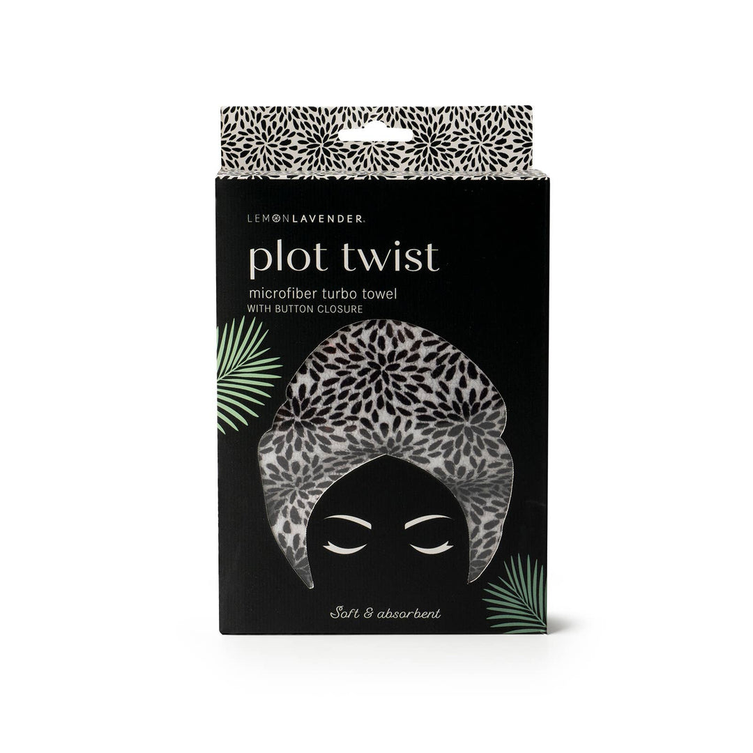 Lemon Lavender Plot Twist Turbo Towel in black box, features "soft &amp; absorbent," hands-free drying, button closure. Size info not shown.