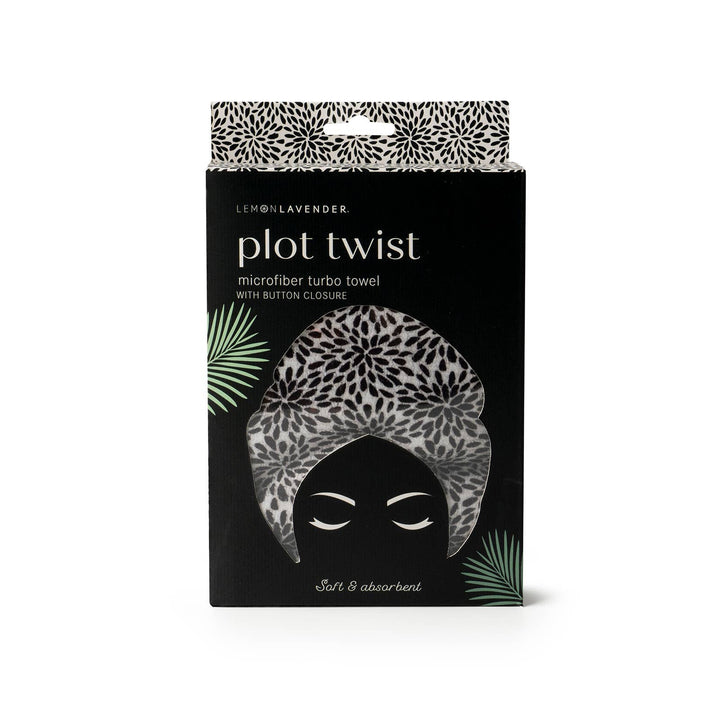 Lemon Lavender Plot Twist Turbo Towel in black box, features "soft &amp; absorbent," hands-free drying, button closure. Size info not shown.