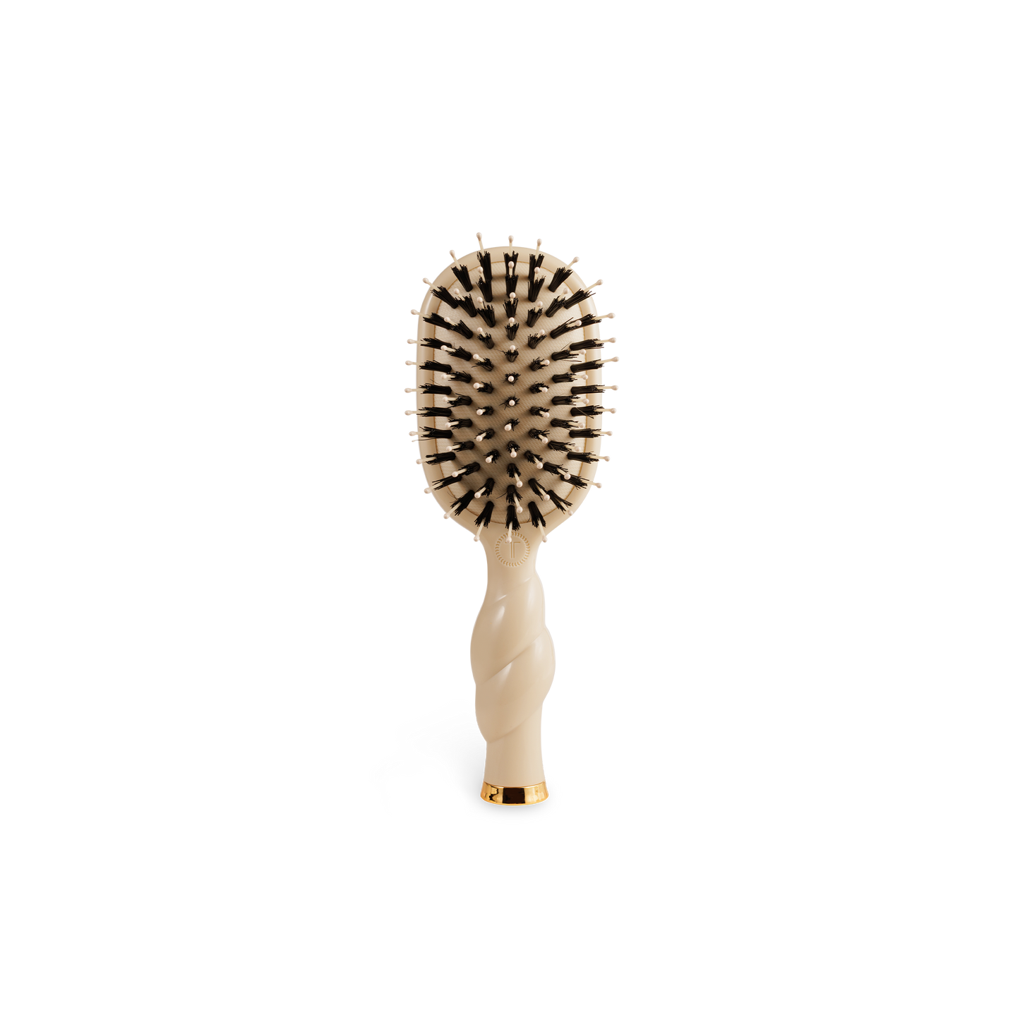 Compact beige Mini Boar Brush | Tan with black and white-tipped bristles, twisted handle. Available in a travel size.