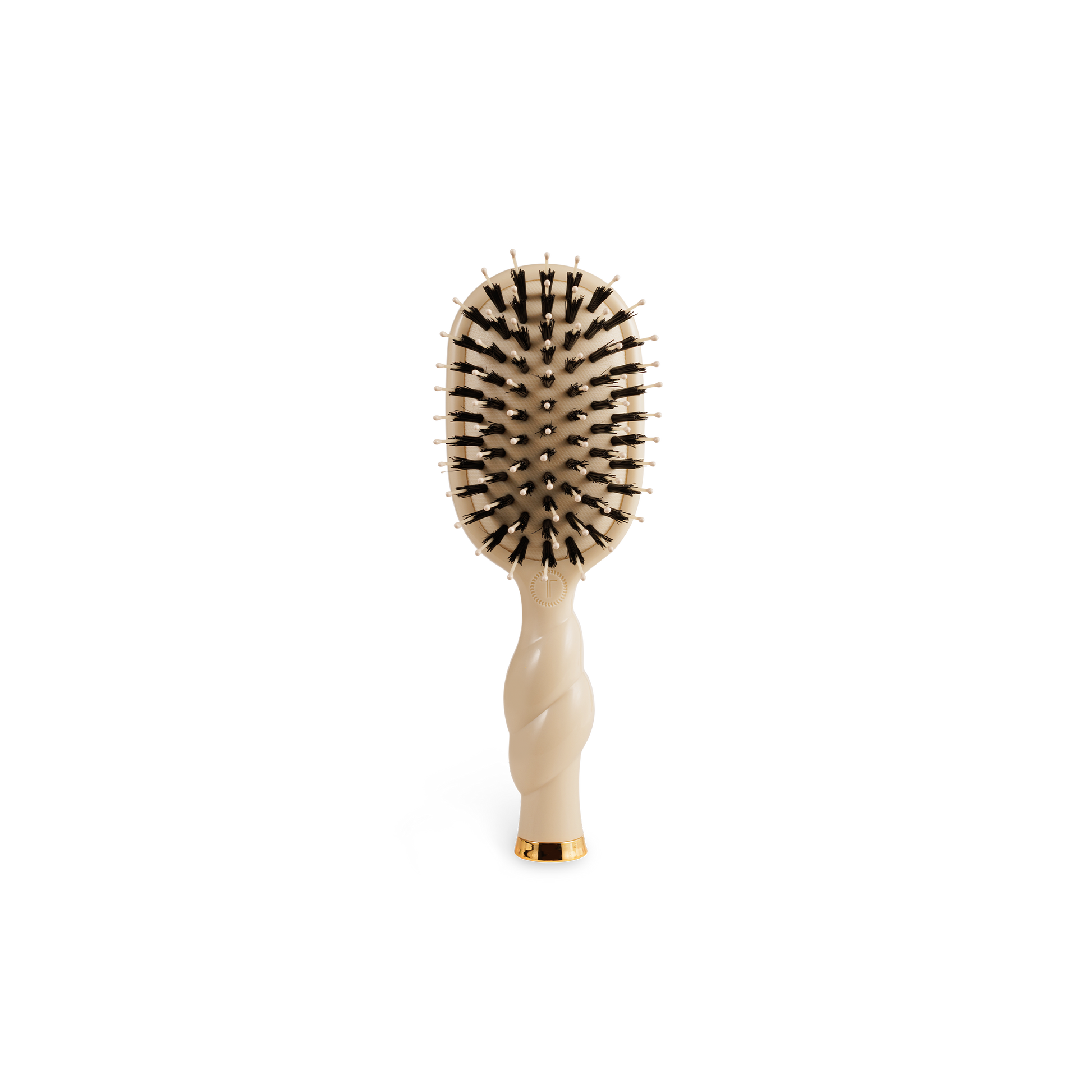 Compact beige Mini Boar Brush | Tan with black and white-tipped bristles, twisted handle. Available in a travel size.