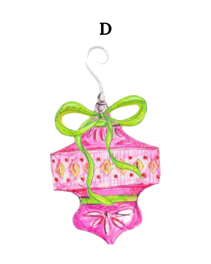 Beck’s Vintage Ornament, pink and gold pattern with letter “D” and lime green ribbon.