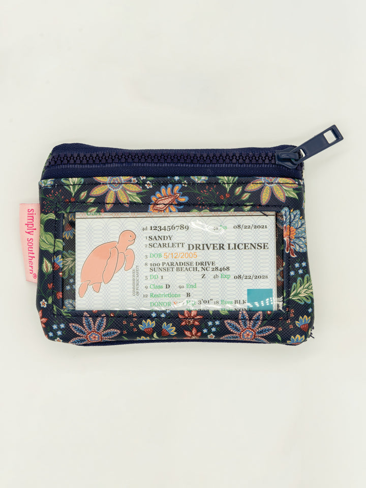 Small floral zippered keychain wallet with clear window, cartoon pink turtle ID, pink tag, keyring. Size: one size.