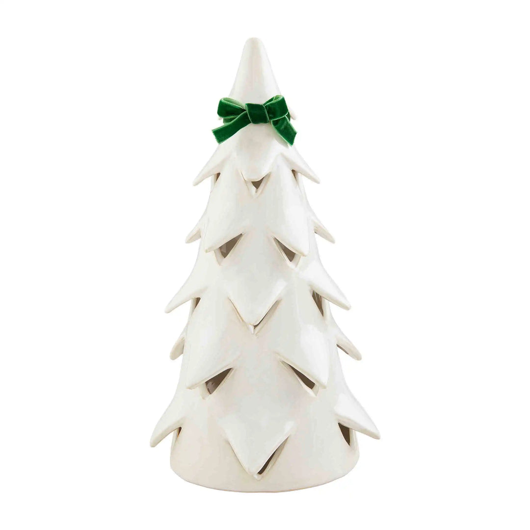 White stoneware Christmas Tree Sitters with a green bow. Available in multiple sizes.