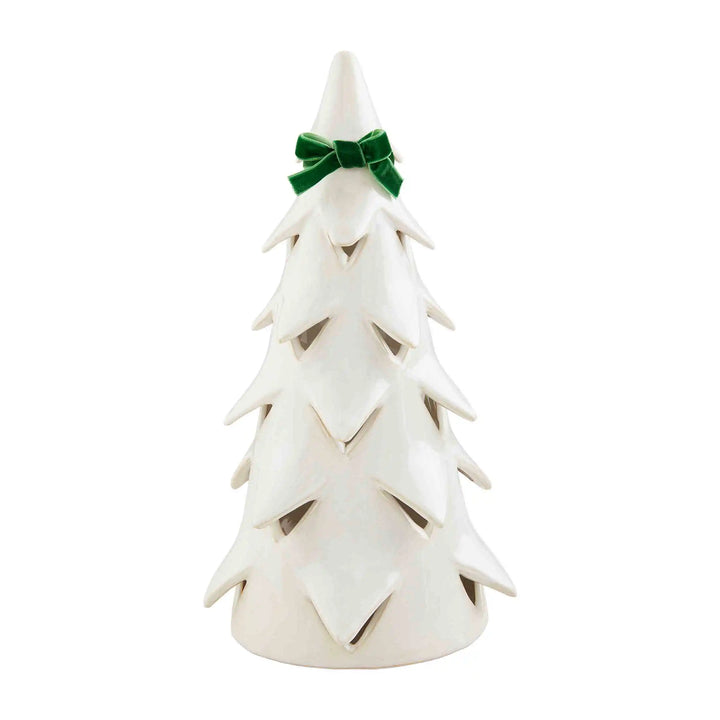 White stoneware Christmas Tree Sitters with a green bow. Available in multiple sizes.