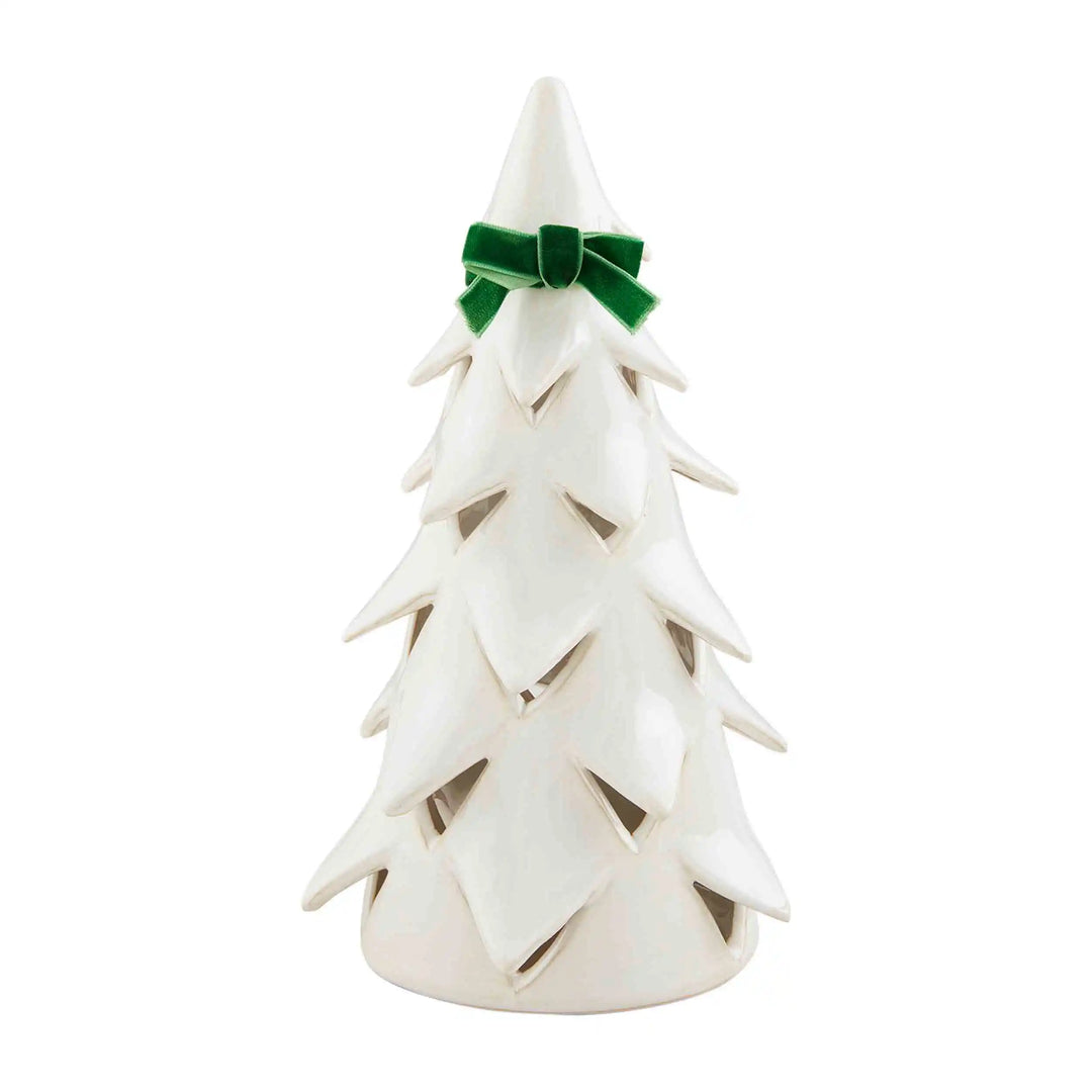 White Christmas Tree Sitters: a durable, tree-shaped stoneware decoration with a green velvet bow.