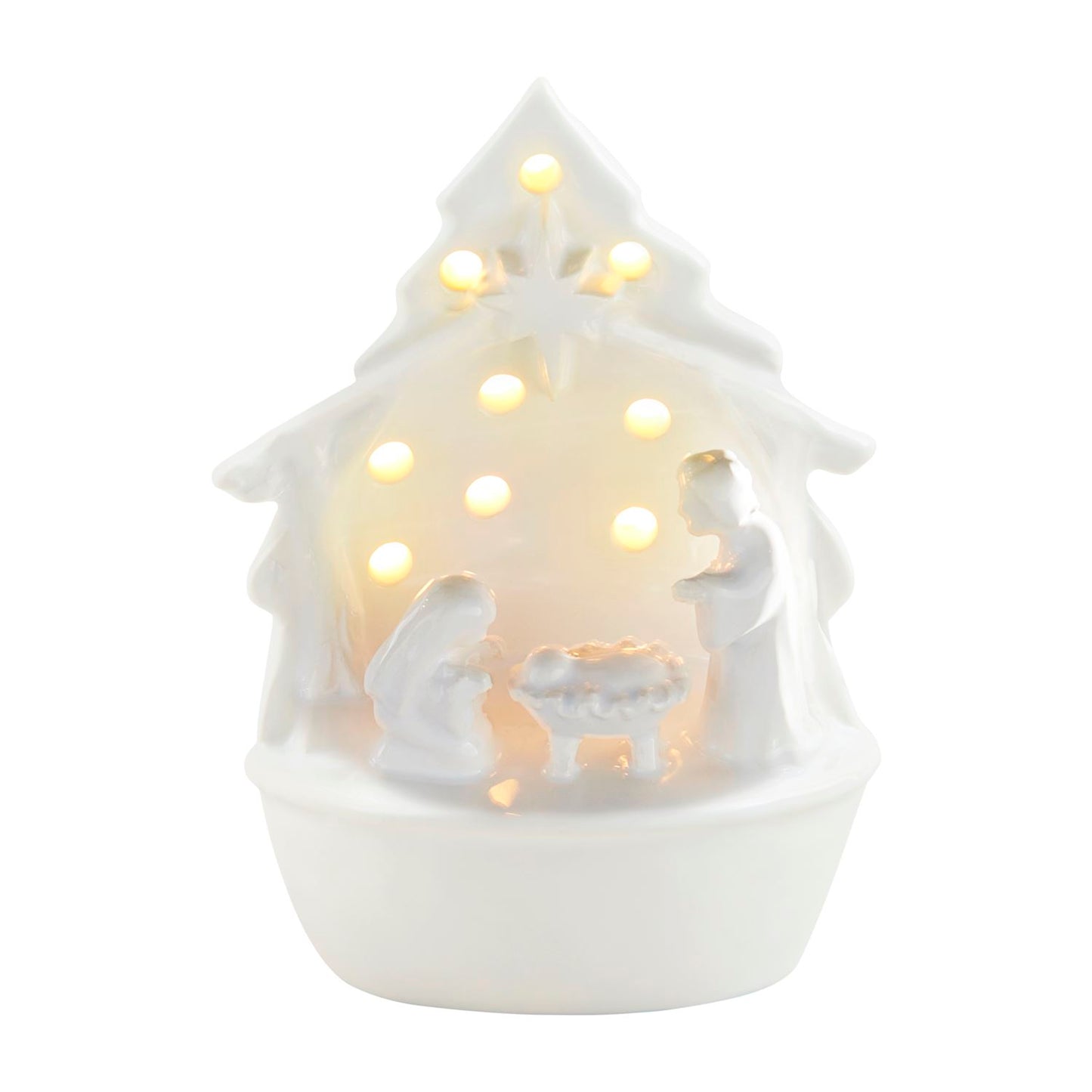 Light-Up Nativity Sitter" - White ceramic figurine shaped like a Christmas tree. Features Mary, Joseph, and baby Jesus with illuminated LED lights. Battery included. Sizes available: Small, Medium, Large.