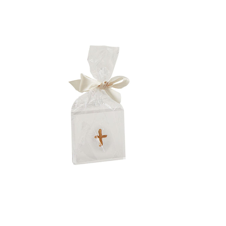 Transparent gift bag with white ribbon, includes Mini Acrylic Icon Plaque. Contains a small white box with metallic gold cross and hand-painted plaster icons. Sizes: Mini.