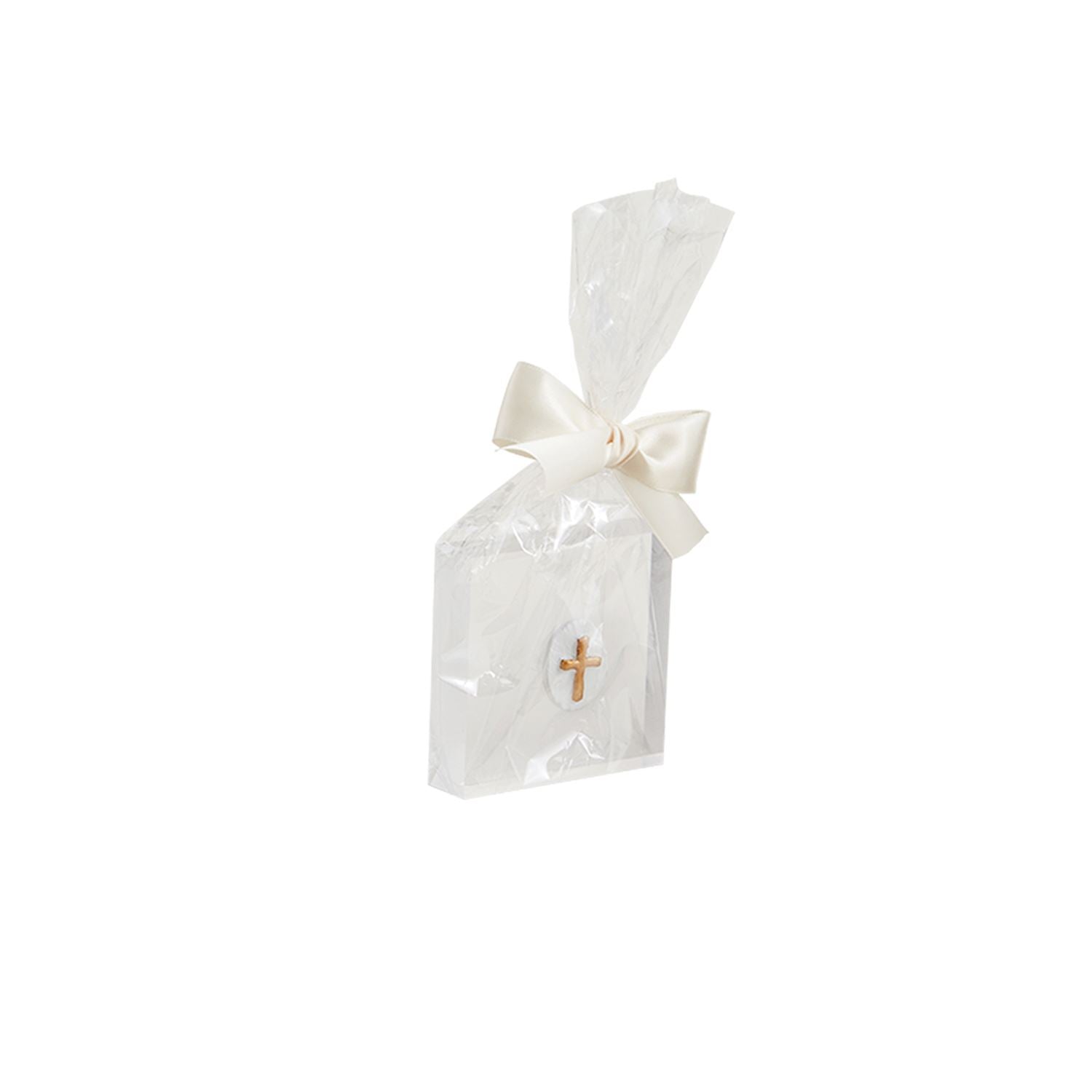 Clear gift bag featuring a gold cross design and white ribbon, perfect for displaying Mini Acrylic Icon Plaques. Available in one size.