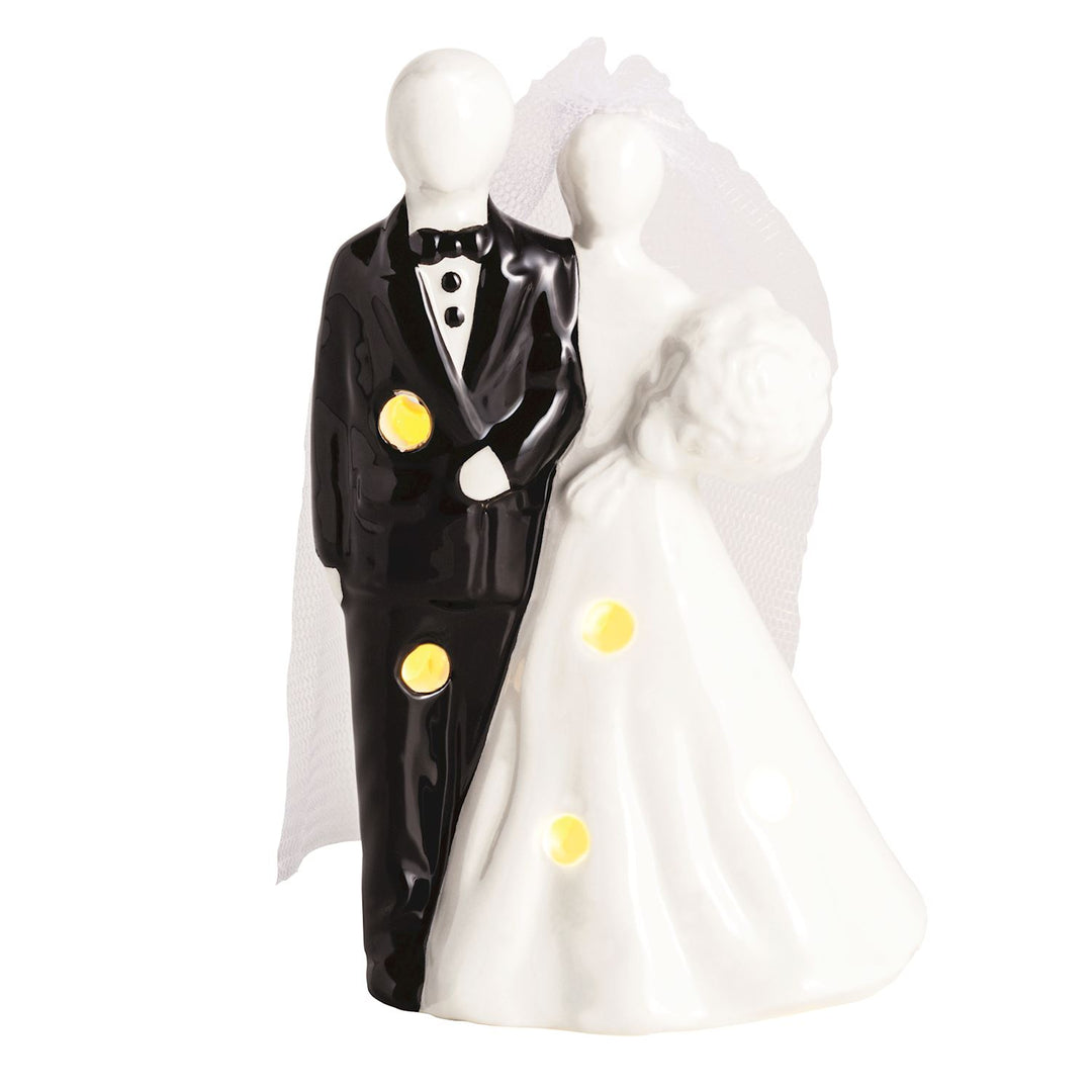 Hand-painted ceramic Bride &amp; Groom Light-Up Sitter, glowing yellow lights. Available in 6" and 8" sizes.