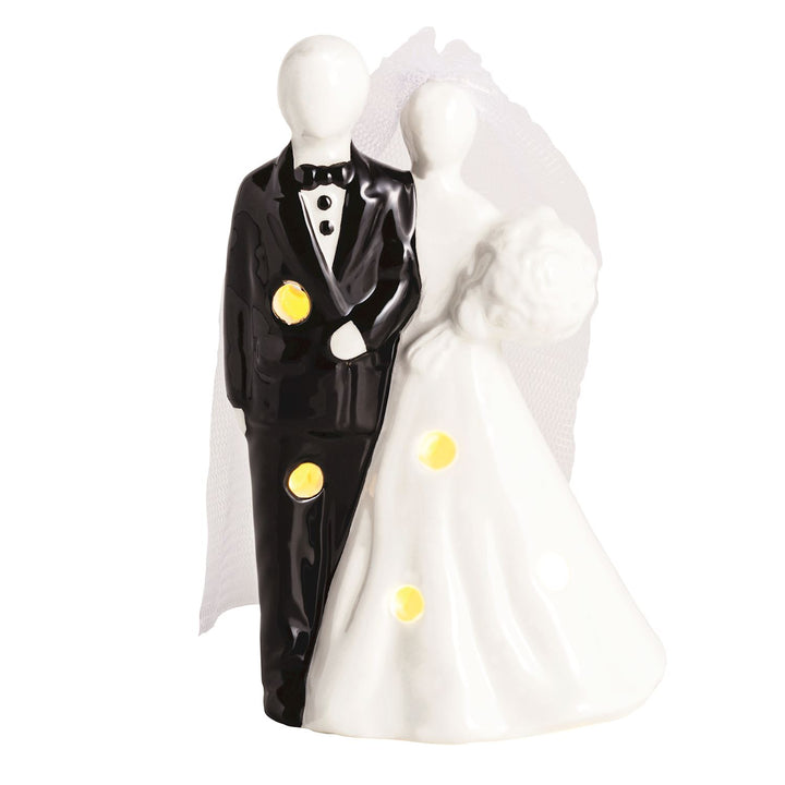 Hand-painted ceramic Bride &amp; Groom Light-Up Sitter, glowing yellow lights. Available in 6" and 8" sizes.