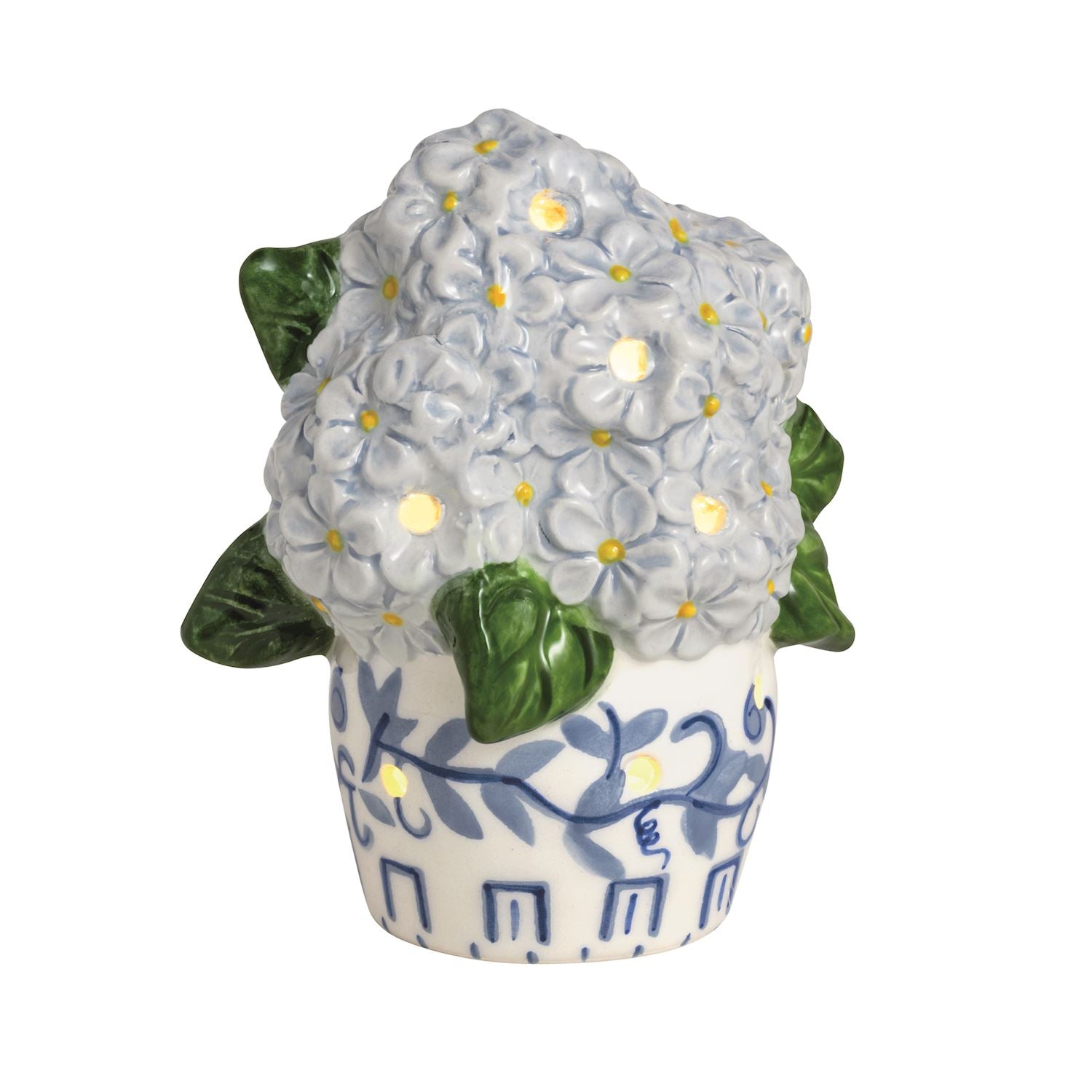 Hand-painted ceramic Hydrangea Light-Up Sitter with LED-lit petals in a blue-patterned white pot. Available in one size.