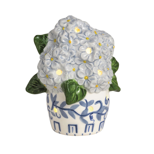 Hand-painted ceramic Hydrangea Light-Up Sitter with LED-lit petals in a blue-patterned white pot. Available in one size.