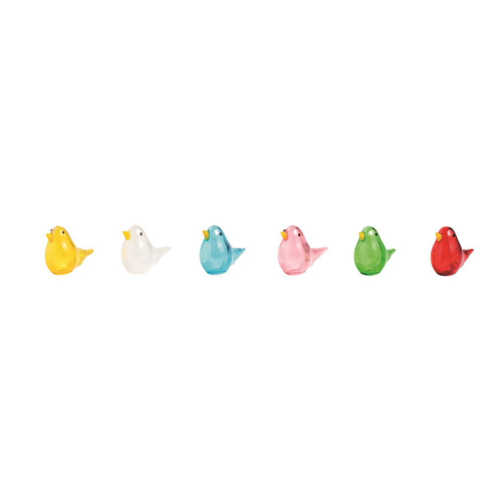 Set of six mini glass birds in yellow, white, blue, pink, green, and red. Available sizes: small.