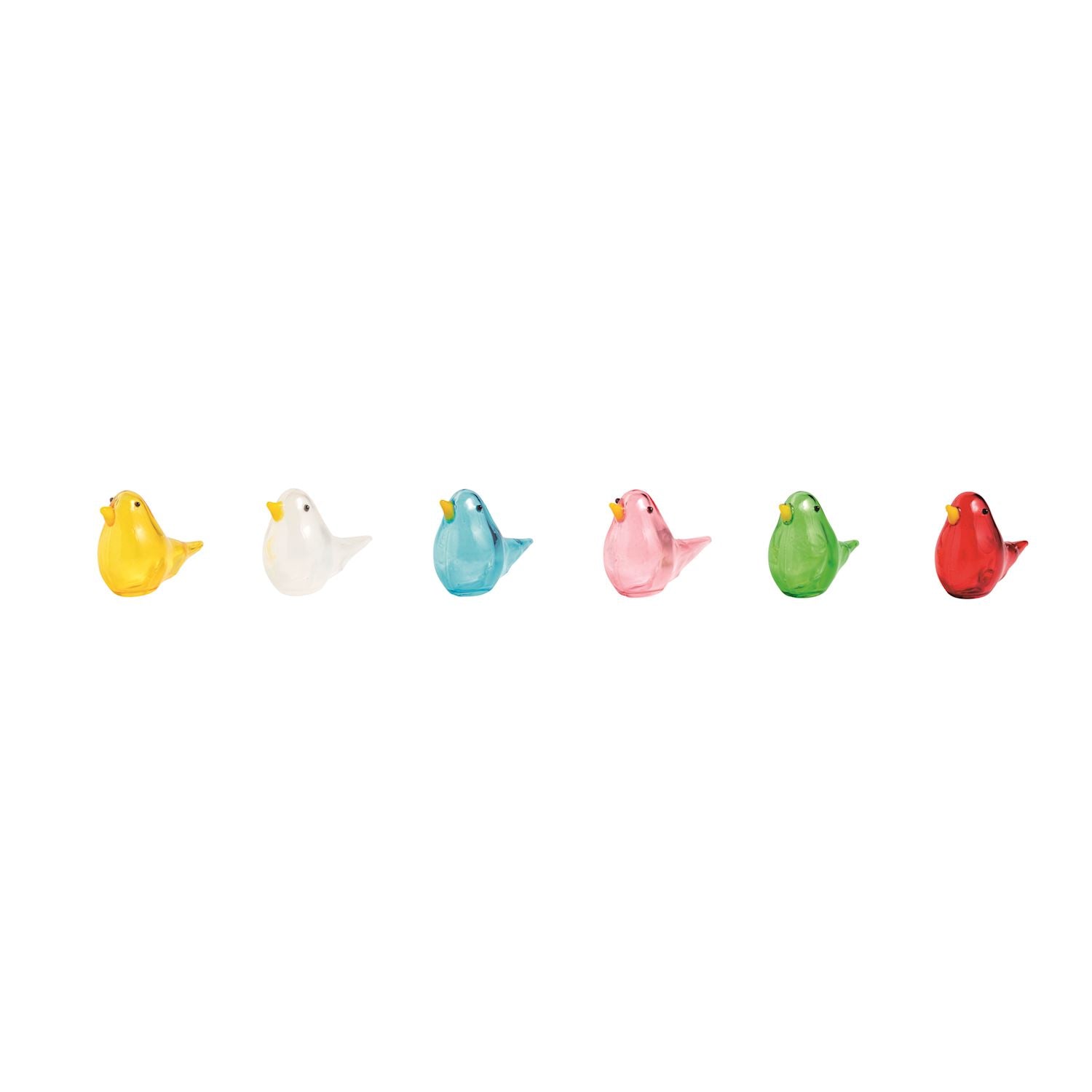 Set of six mini glass birds in yellow, white, blue, pink, green, and red. Available sizes: small.