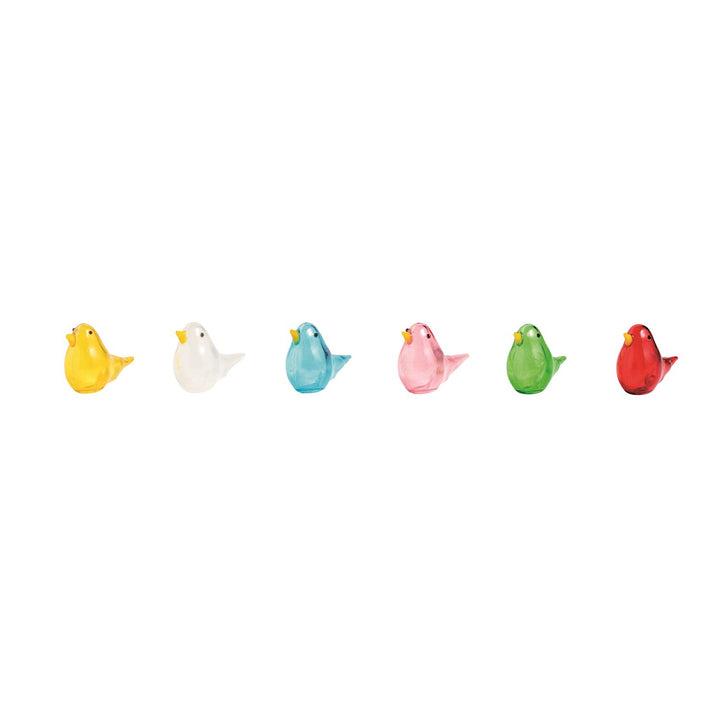 Set of six mini glass birds in yellow, white, blue, pink, green, and red. Available sizes: small.