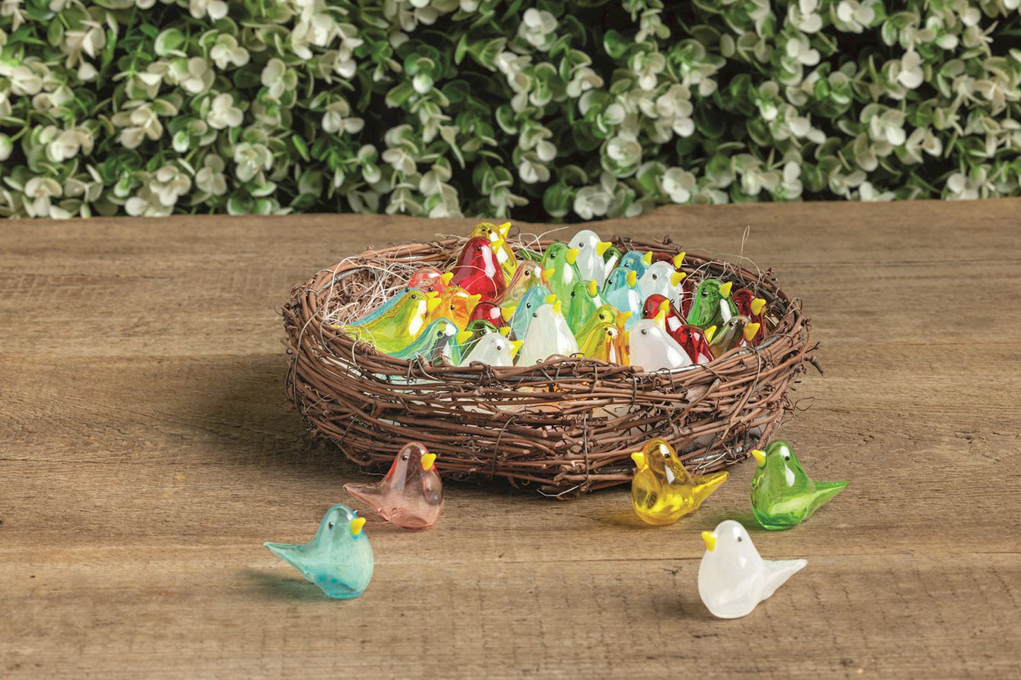 Mini Glass Birds arranged in a brown twig nest. Available sizes: small, medium, large.