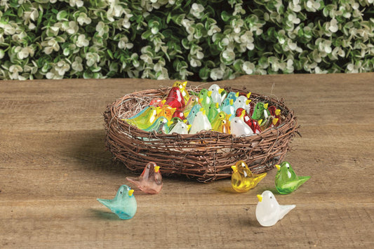 Mini Glass Birds arranged in a brown twig nest. Available sizes: small, medium, large.