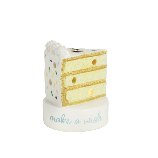 Hand-painted ceramic yellow cake slice candle holder, white frosting, sprinkles, "make a wish" base. Sizes: small, large.