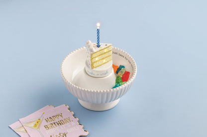 Cake Candle Holder Light-Up Sitter: hand-painted ceramic cake with blue light-up candle. Available in small and large sizes.