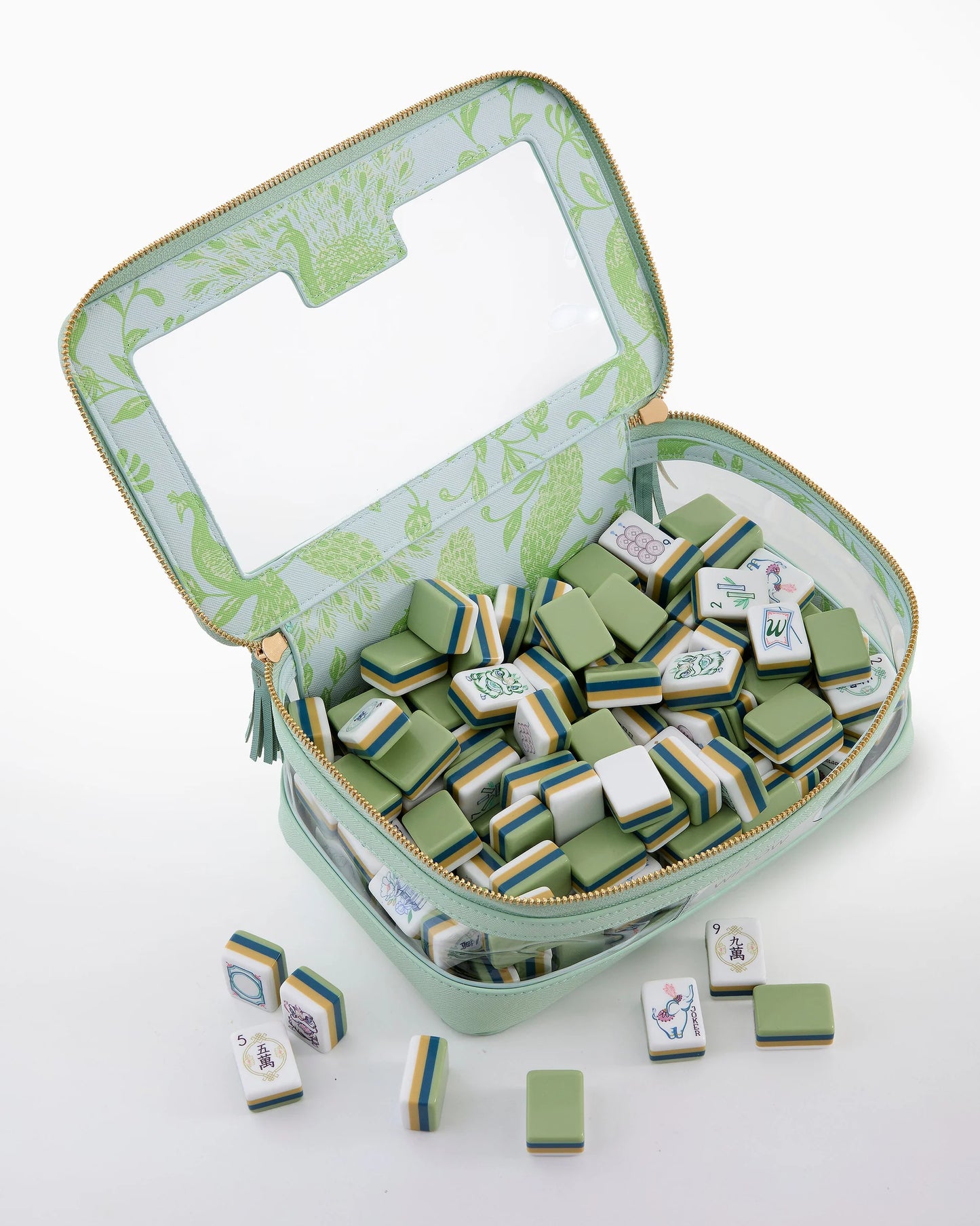 Mint green case with clear lid containing Willow Mahjong Tiles in green, white, and yellow. Available in multiple sizes.