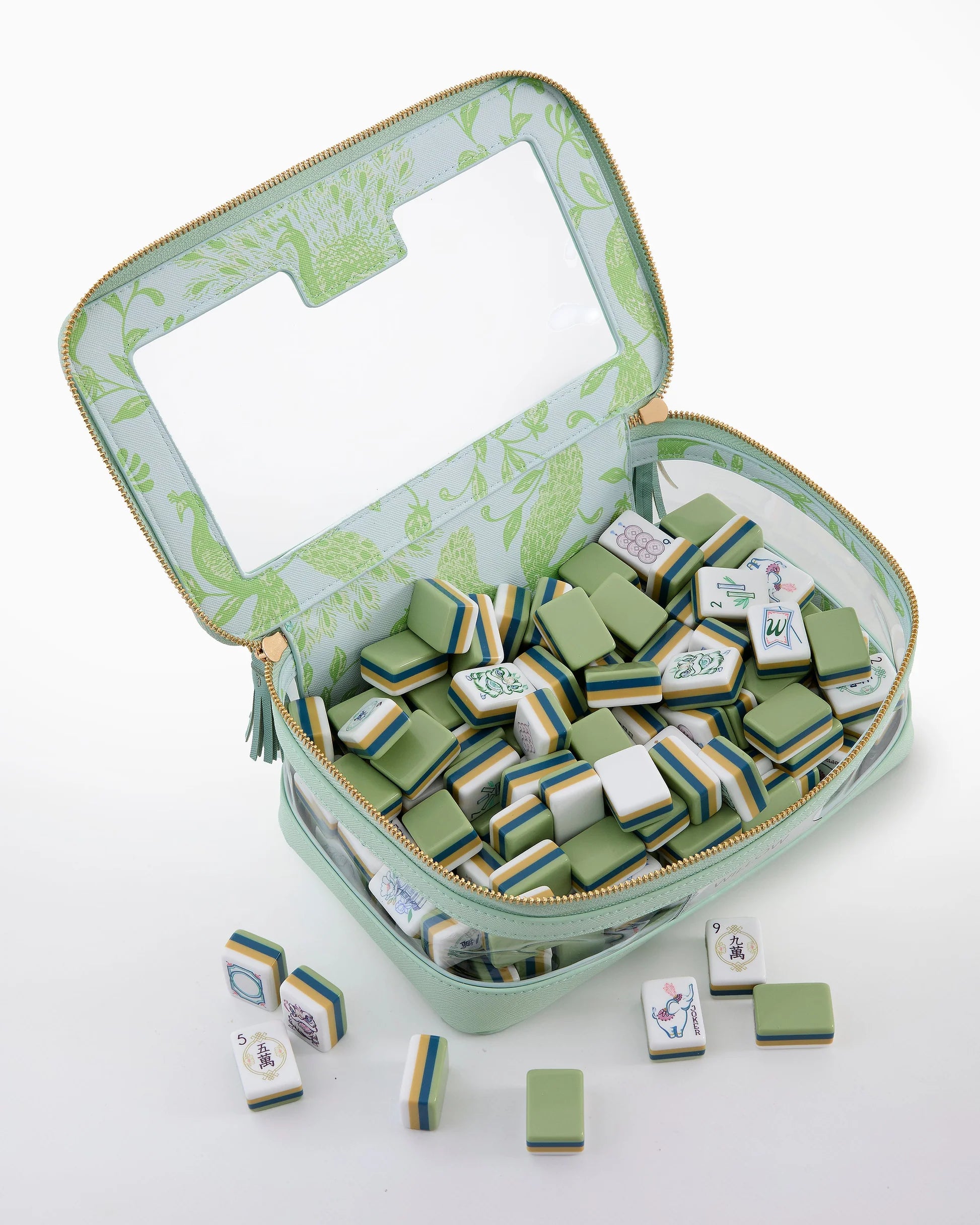Mint green case with clear lid containing Willow Mahjong Tiles in green, white, and yellow. Available in multiple sizes.