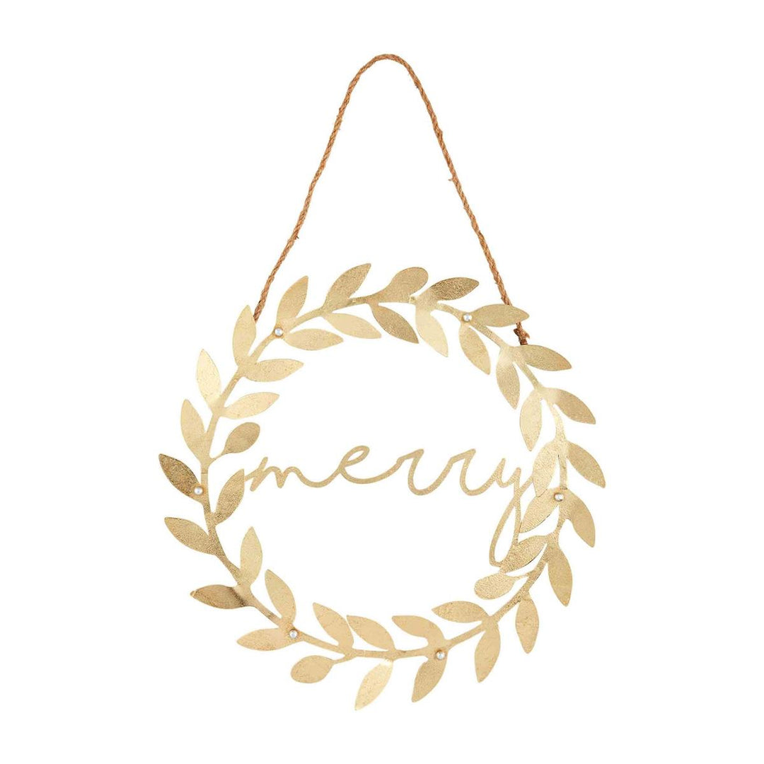 Gold-colored tin Merry wreath door hanger with leaf accents and twine loop.