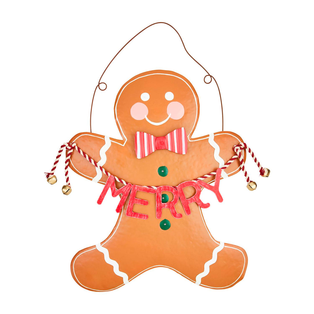 Hand-painted tin Gingerbread Man Door Hanger with “MERRY” sign, red and white stripes, bells, and LED lights.