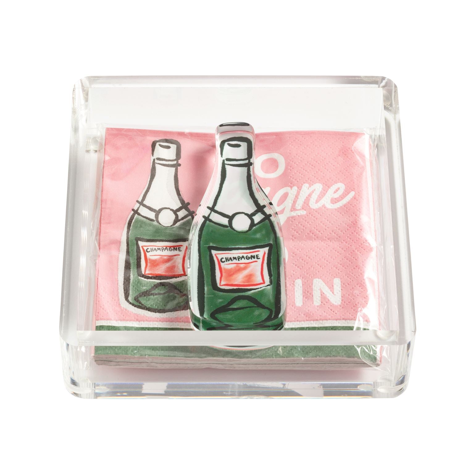 Acrylic Napkin Holder & Weight Set with pink cocktail napkins, "CHAMPAGNE" bottle design. Sizes: standard cocktail.