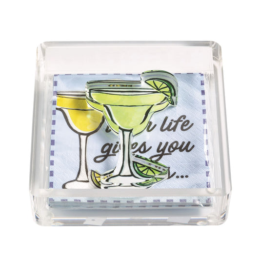 Acrylic Napkin Holder & Weight Set holds cocktail napkins. Available in standard size. Features "Life gives you..." in cursive.