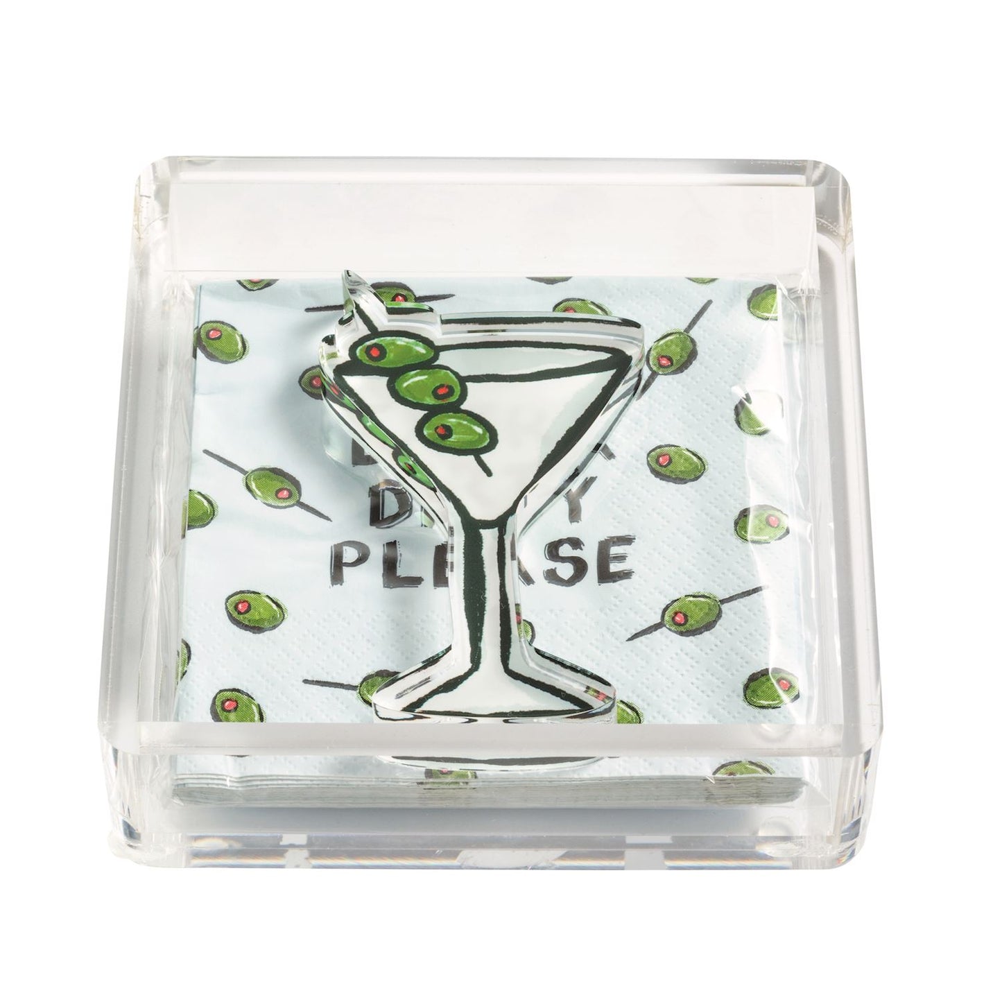 Acrylic Napkin Holder & Weight Set fits cocktail napkins (5"x5"), with green olive and martini glass design, "DIRTY PLEASE" text.