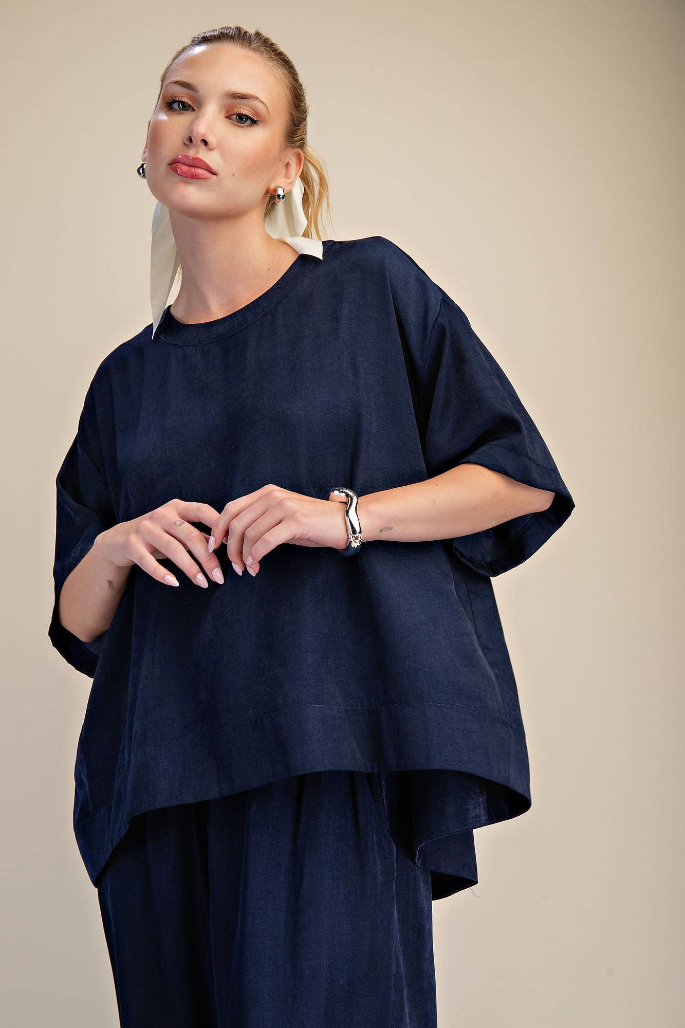 Navy Round Neck Band Oversize Shirt, available in sizes S-XL. Features loose fit and banded neckline.