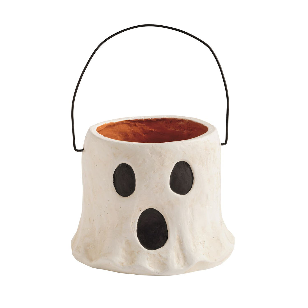 White ceramic ghost-shaped bucket with black eyes, mouth, and handle. Hand-painted. Available in 3 styles and mini size.