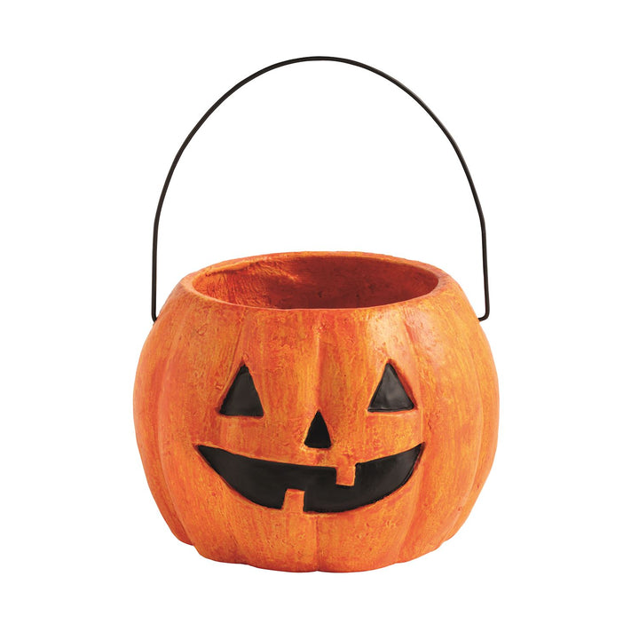 Orange plastic mini Halloween treat bucket with black jack-o’-lantern face and sturdy black handle; available in 3 styles and sizes.