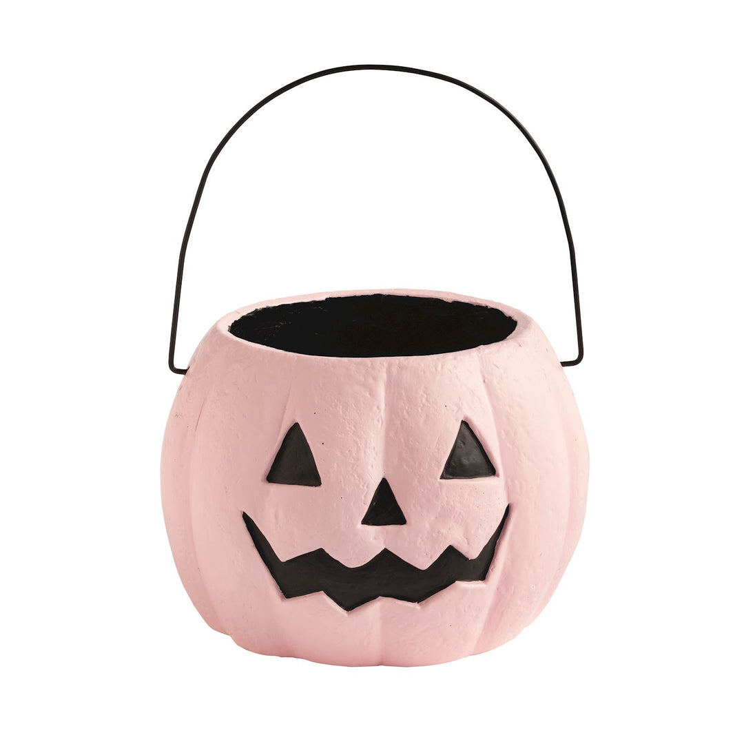 Mini Halloween Treat Bucket in 3 styles, hand-painted pink pumpkin with black Jack-o’-lantern face and thin black handle; available in mini size.