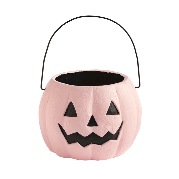 Mini Halloween Treat Bucket in 3 styles, hand-painted pink pumpkin with black Jack-o’-lantern face and thin black handle; available in mini size.