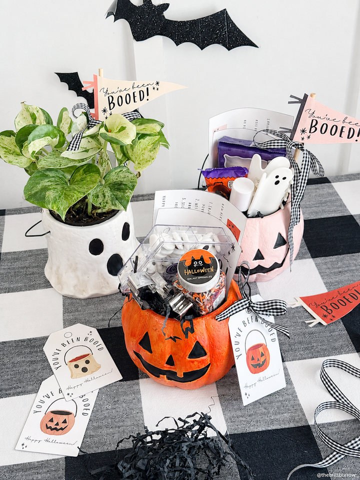 Mini Halloween Treat Bucket available in 3 styles with hand-painted pumpkin and ghost designs. Comes filled with treats and “You’ve been BOOED!” tags. Sizes available: mini.