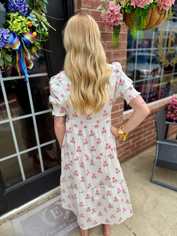 White Molly Sweetbriar Dress with pink floral patterns, smocked sleeves; available in sizes XS–XL.