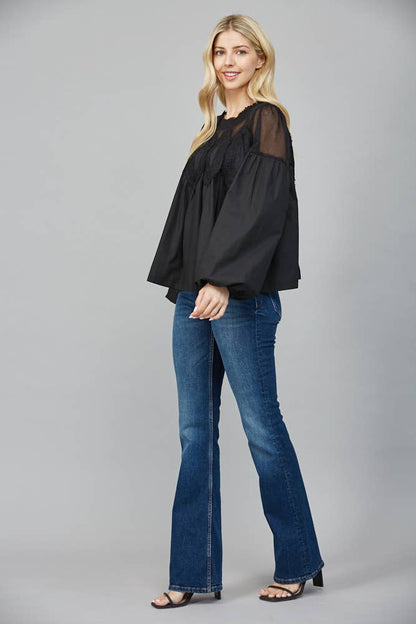 Lace Appliqué Detail Mixed Media Long Sleeve Blouse