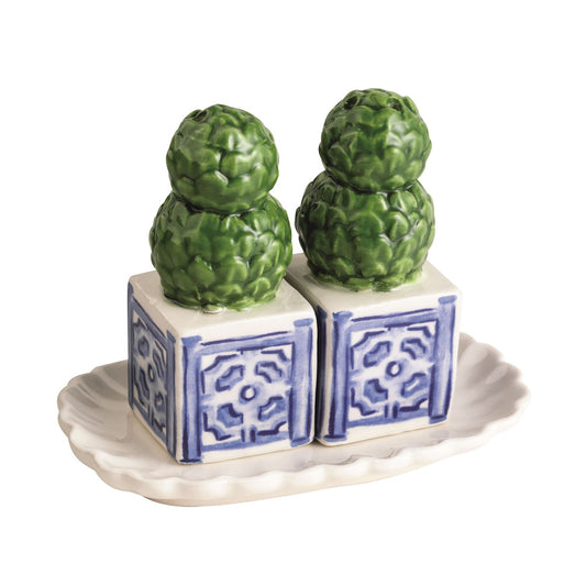 Hand-painted ceramic salt & pepper shakers, green topiary ball shape, blue-white bases; set available in standard size.