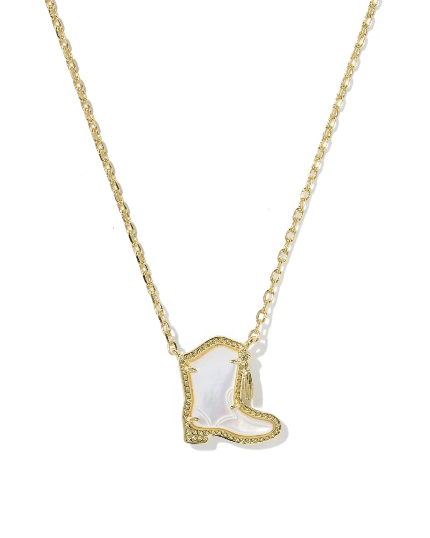 The Drill Team Boot Necklace by Kendra Scott features a gold chain with a cowboy boot-shaped pendant, iridescent inlay, and gold tassel. Available in one size.