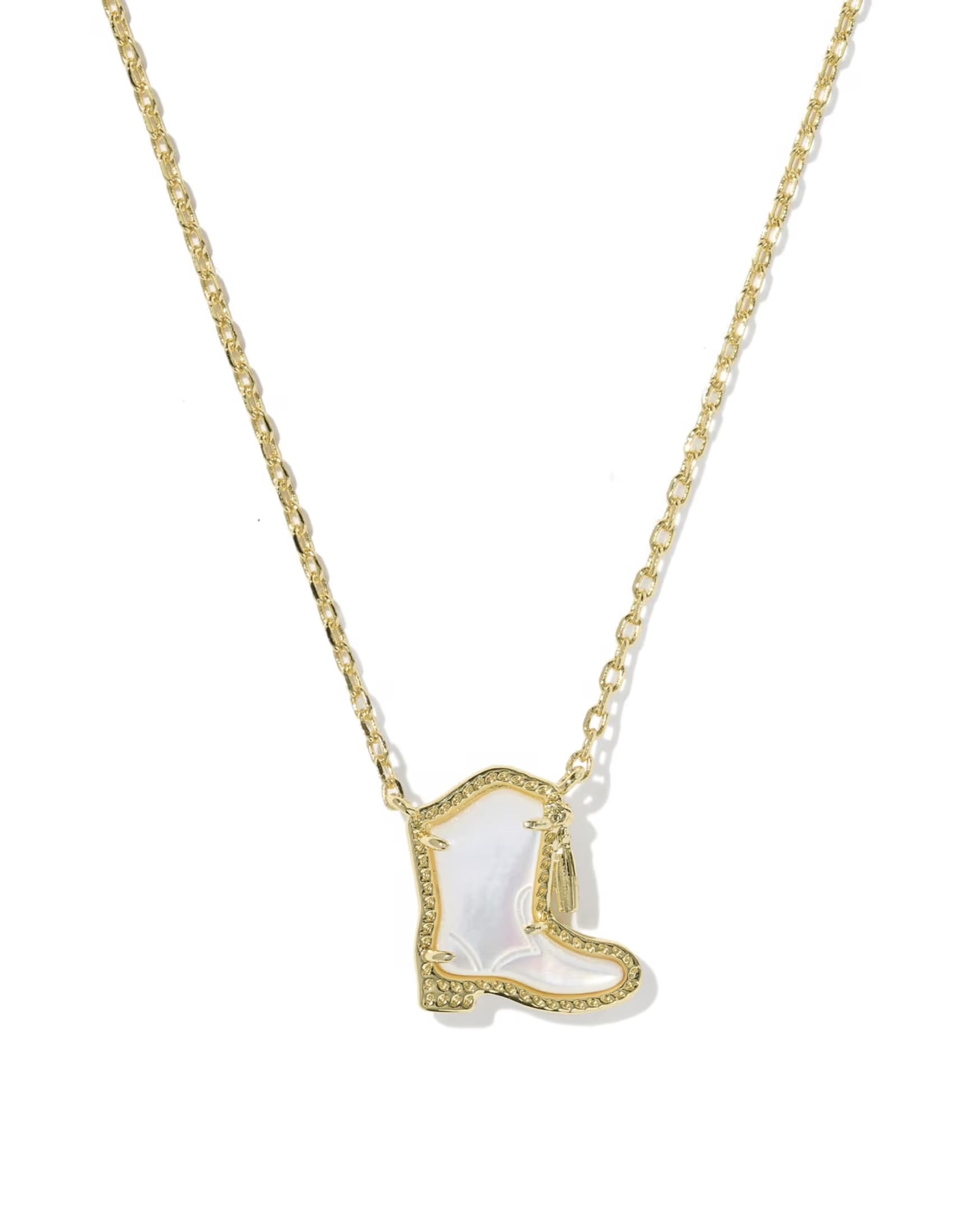 The Drill Team Boot Necklace by Kendra Scott features a gold chain with a cowboy boot-shaped pendant, iridescent inlay, and gold tassel. Available in one size.