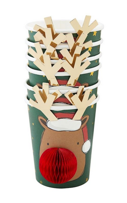 Stack of green reindeer Christmas paper cups with 3D red honeycomb noses and gold foil antlers.