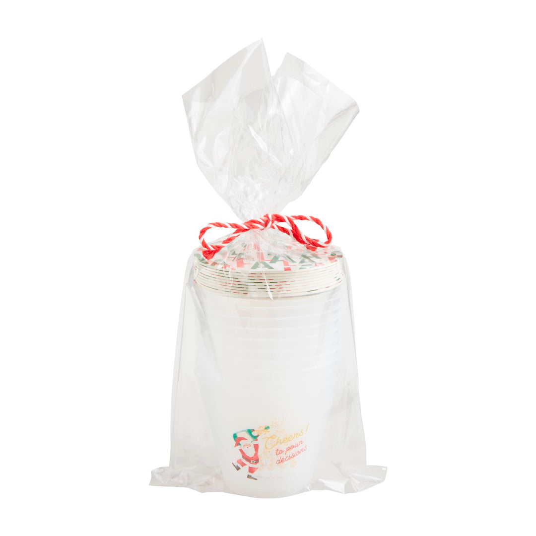 Clear plastic-wrapped stack of Wine Party Cup &amp; Coaster Sets with a red and white striped ribbon. Each cup has an image of Santa Claus and a "Seasons Greetings" message. Available sizes: 8oz, 12oz.