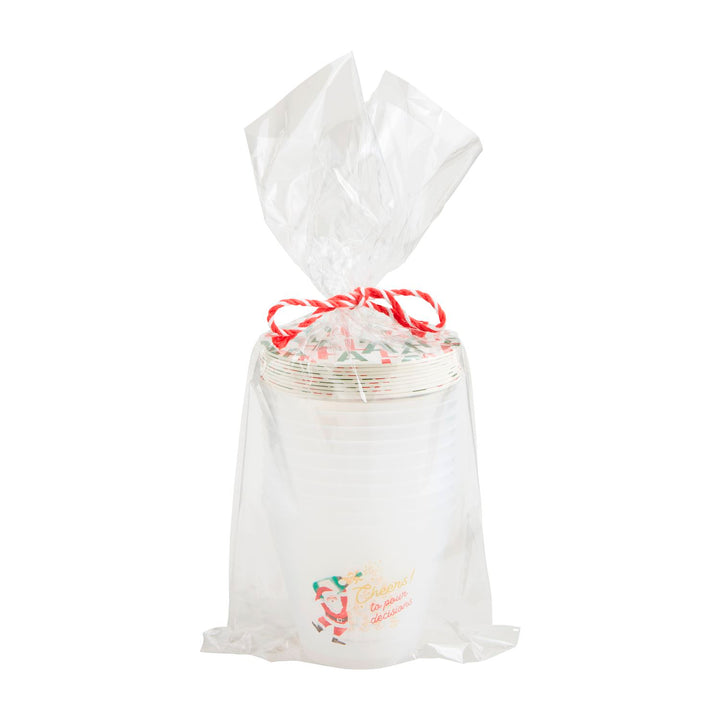 Clear plastic-wrapped stack of Wine Party Cup &amp; Coaster Sets with a red and white striped ribbon. Each cup has an image of Santa Claus and a "Seasons Greetings" message. Available sizes: 8oz, 12oz.