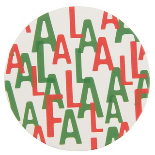 Holiday-themed Wine Party Cup & Coaster Set. "FA LA LA" pattern in red and green on white background. Sizes available: Standard cup size, coaster diameter.