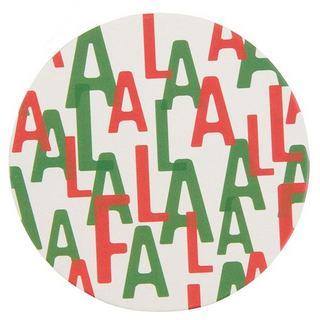 Holiday-themed Wine Party Cup &amp; Coaster Set. "FA LA LA" pattern in red and green on white background. Sizes available: Standard cup size, coaster diameter.