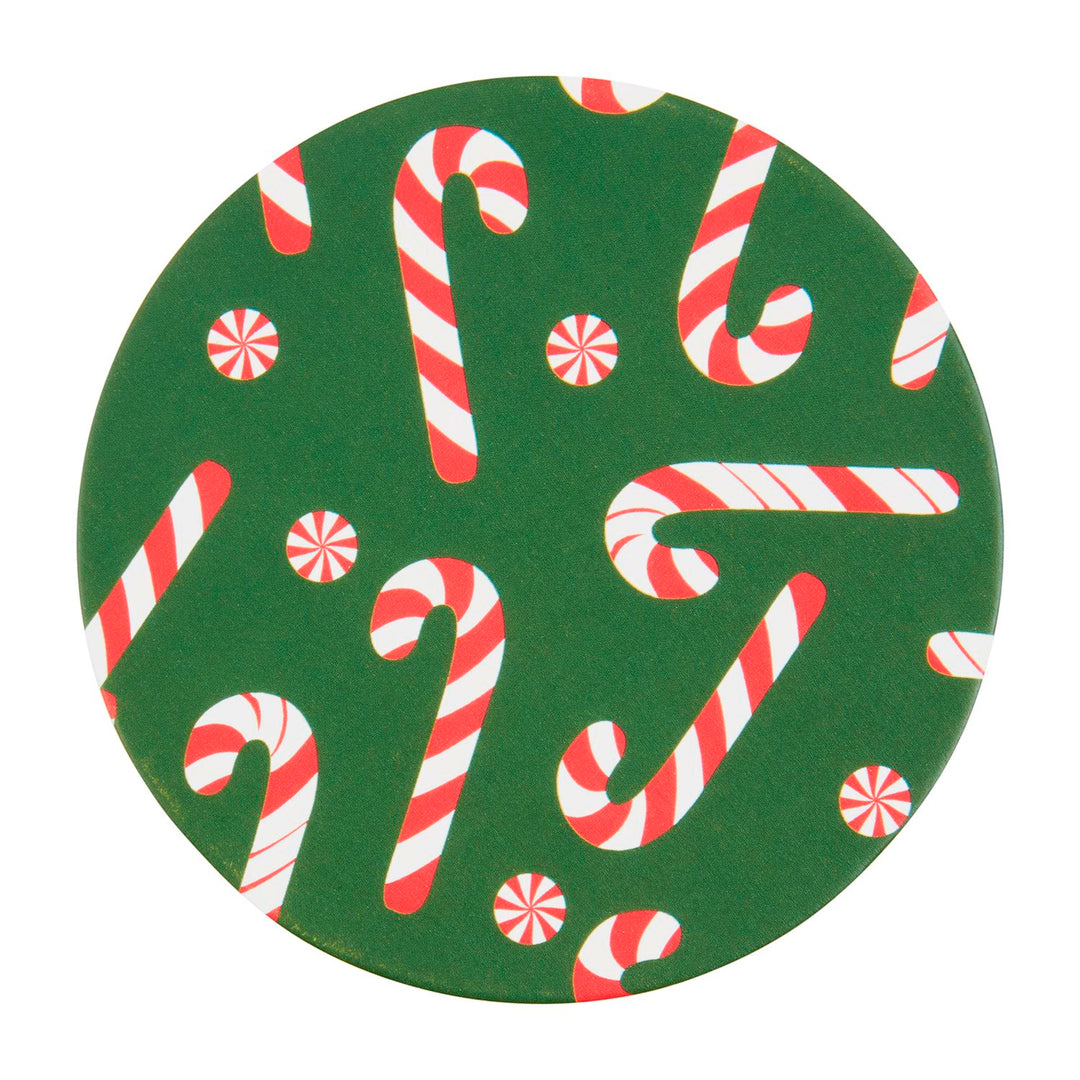 Wine Party Cup &amp; Coaster Set: round, green paper coaster with red and white peppermint candy patterns and whimsical candy canes. Sizes available: One size set.