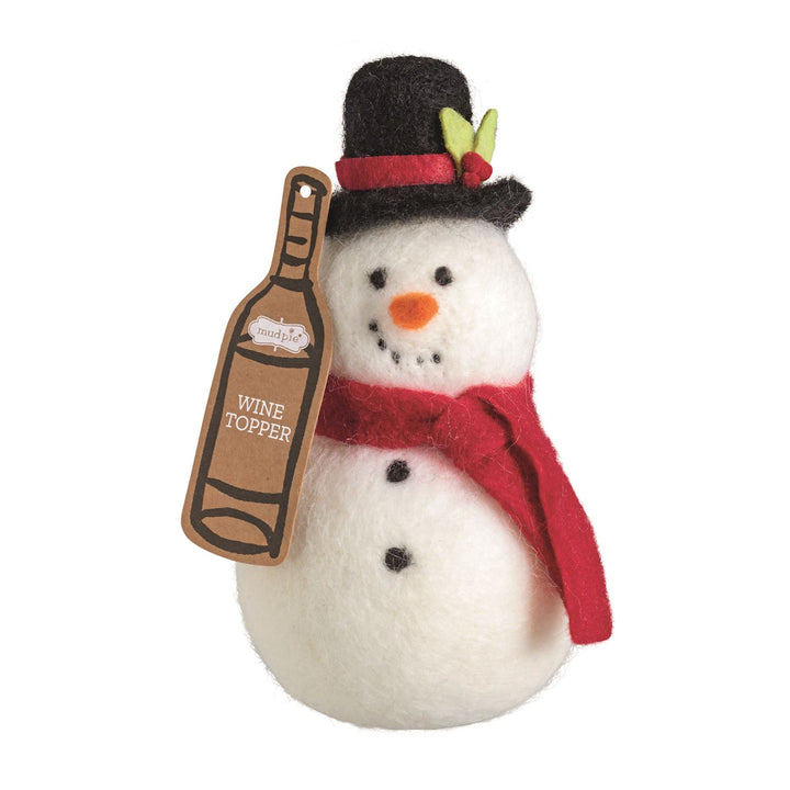 Felt snowman wine topper with black top hat, holly, and red scarf, including a wine bottle-shaped tag.