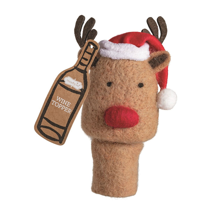 Felt reindeer Christmas wine toppers with red Santa hats and attached product tags.