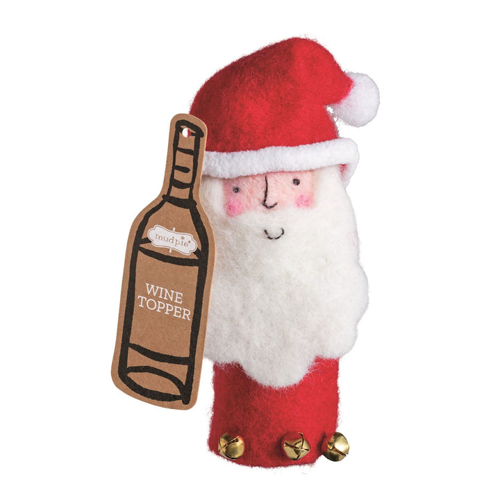 Felt Santa Claus wine toppers with three gold bells and a bottle-shaped tag.